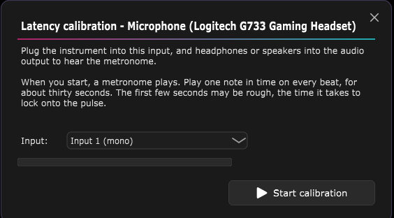 Instrument calibration: input choice, level bar, "Start calibration" button.