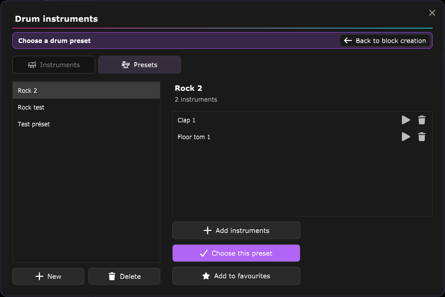 The presets window opened to choose the preset of a new block: a banner says what to pick, with a button to go back to the block creation.