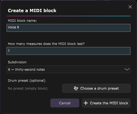 The Create a midi block window, with the name, the number of measures, the subdivision and the choice of preset or sound.