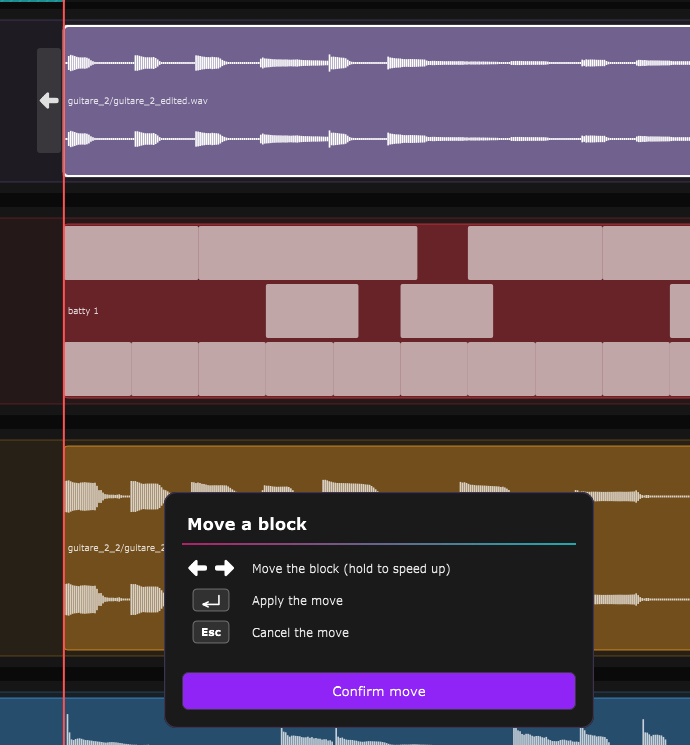 A block in move mode, with an arrow at each end and the floating "Move a block" panel.