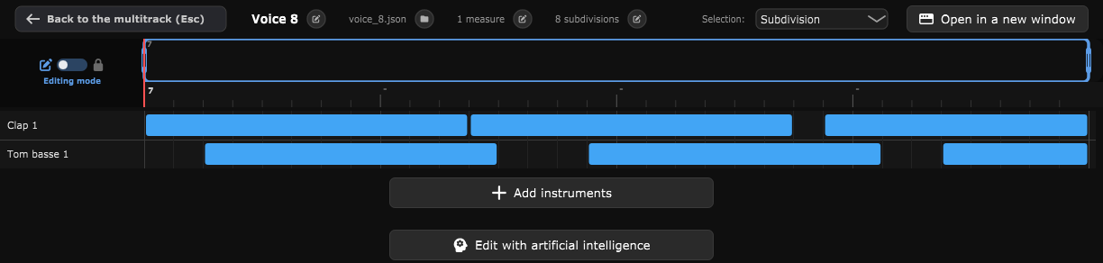 The full-screen block editor, with the drum note matrix and its transport bar.
