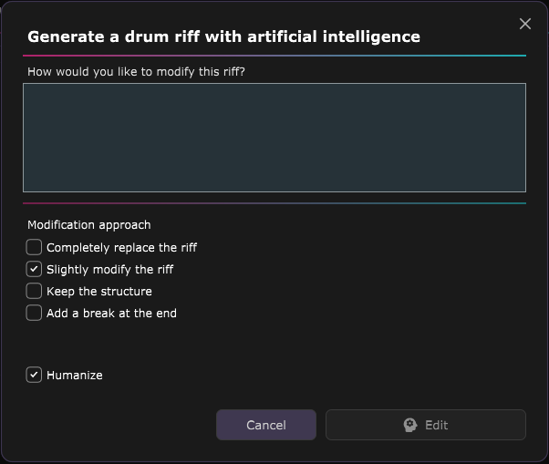 The form for a new generation: the description, the modification approach, the Humanize option and the submit button.