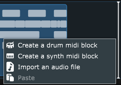 The right-click menu on empty space on a track, with Paste, and the small vertical bar showing the target beat.