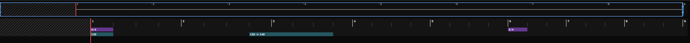 The timeline with, below the ruler, the time signature change row then the tempo change row.