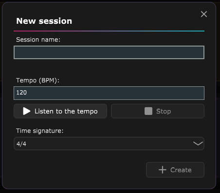 The New session window with the name field, the tempo and the time signature.
