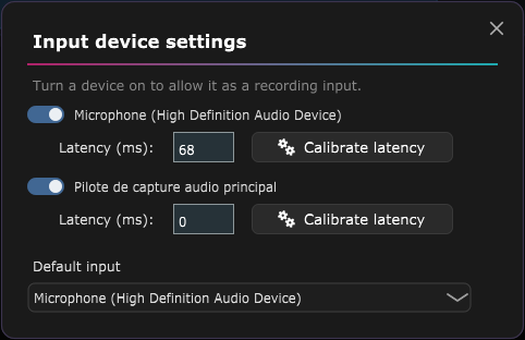 The Input devices window, with a switch, a latency compensation and a calibration button for each input.