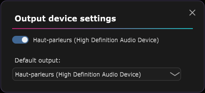 The Output devices window, with the audio output list and the Default output menu.
