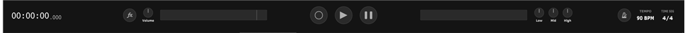 The transport bar at the bottom of the window, with the record button armed, in the centre.